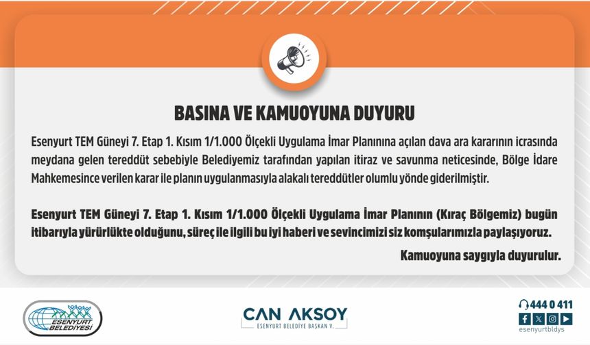 Esenyurt Belediyesinden Basın ve Kamu Oyuna Duyuru - 27 Kasım 2025